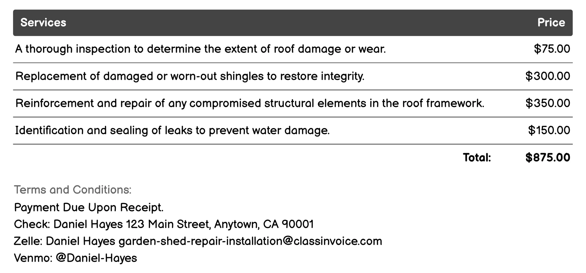 Roof Repair and Replacement Invoice Example