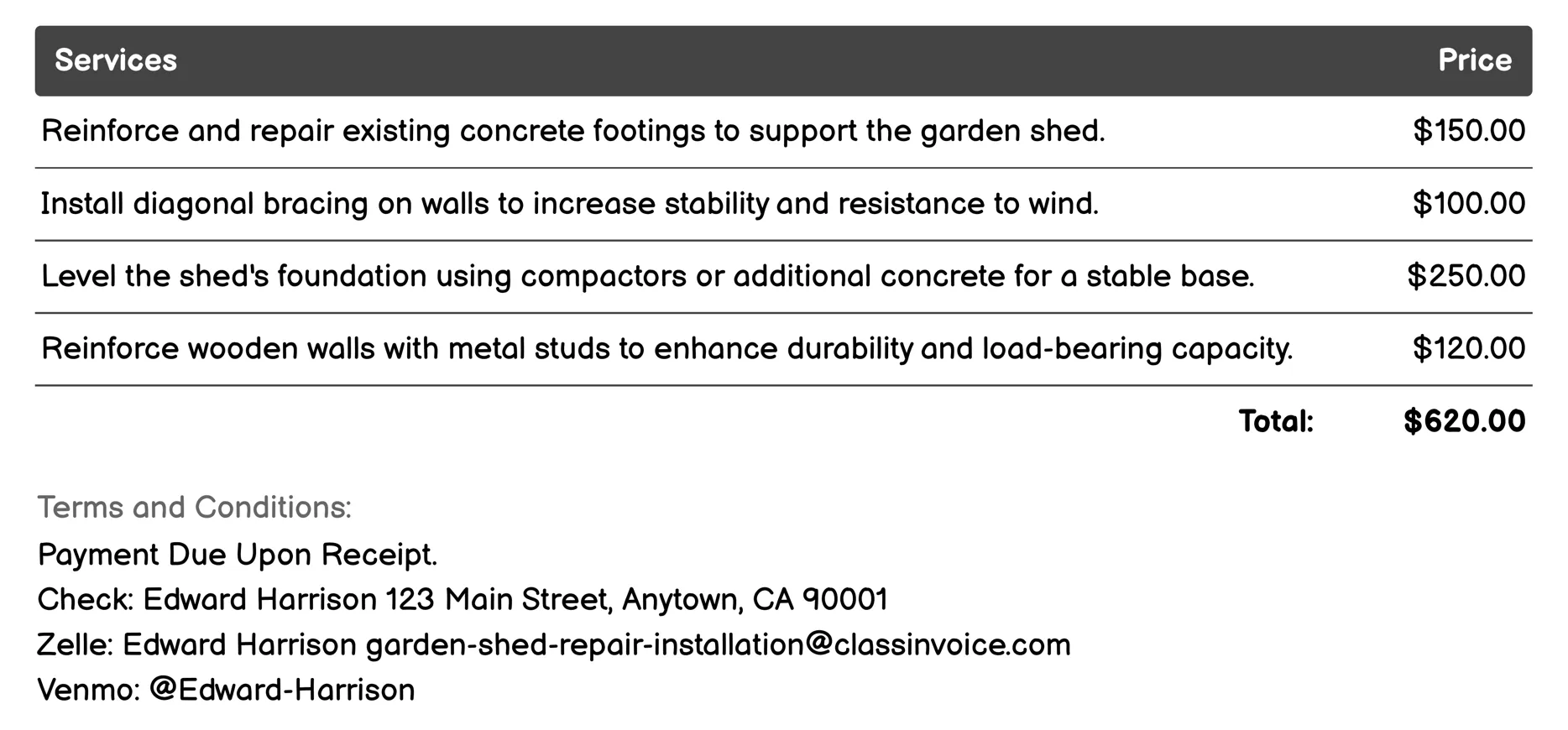 Wall Reinforcement Invoice Example