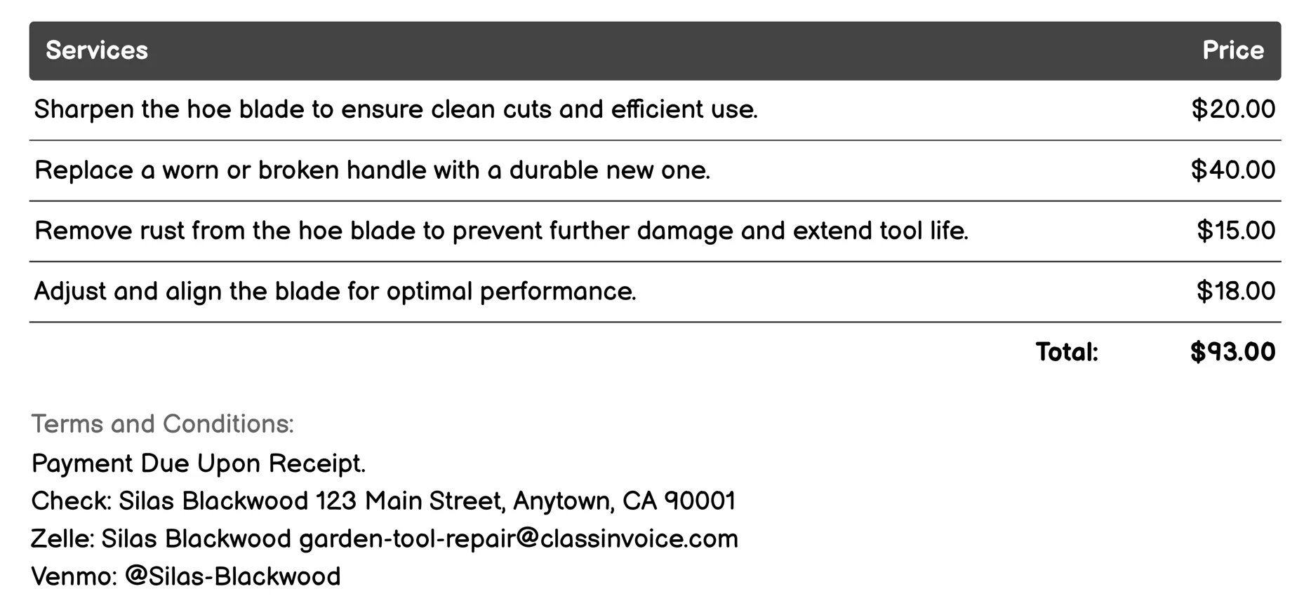 Garden Hoe Maintenance Invoice Example