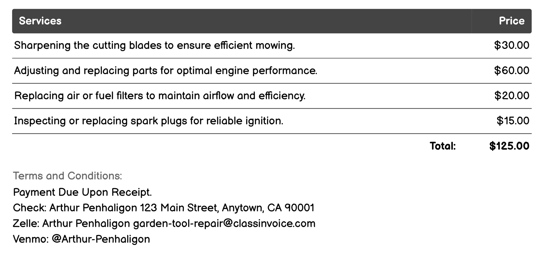 Lawn Mower Servicing Invoice Example