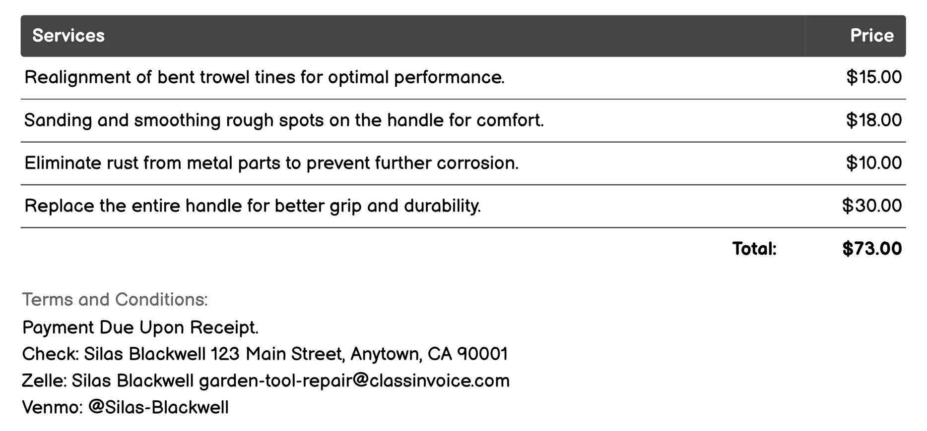 Trowel Tuning Invoice Example