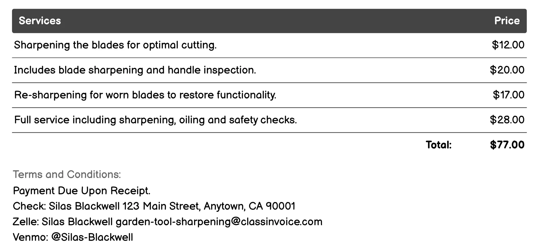 Hand Pruner Sharpener Invoice Example