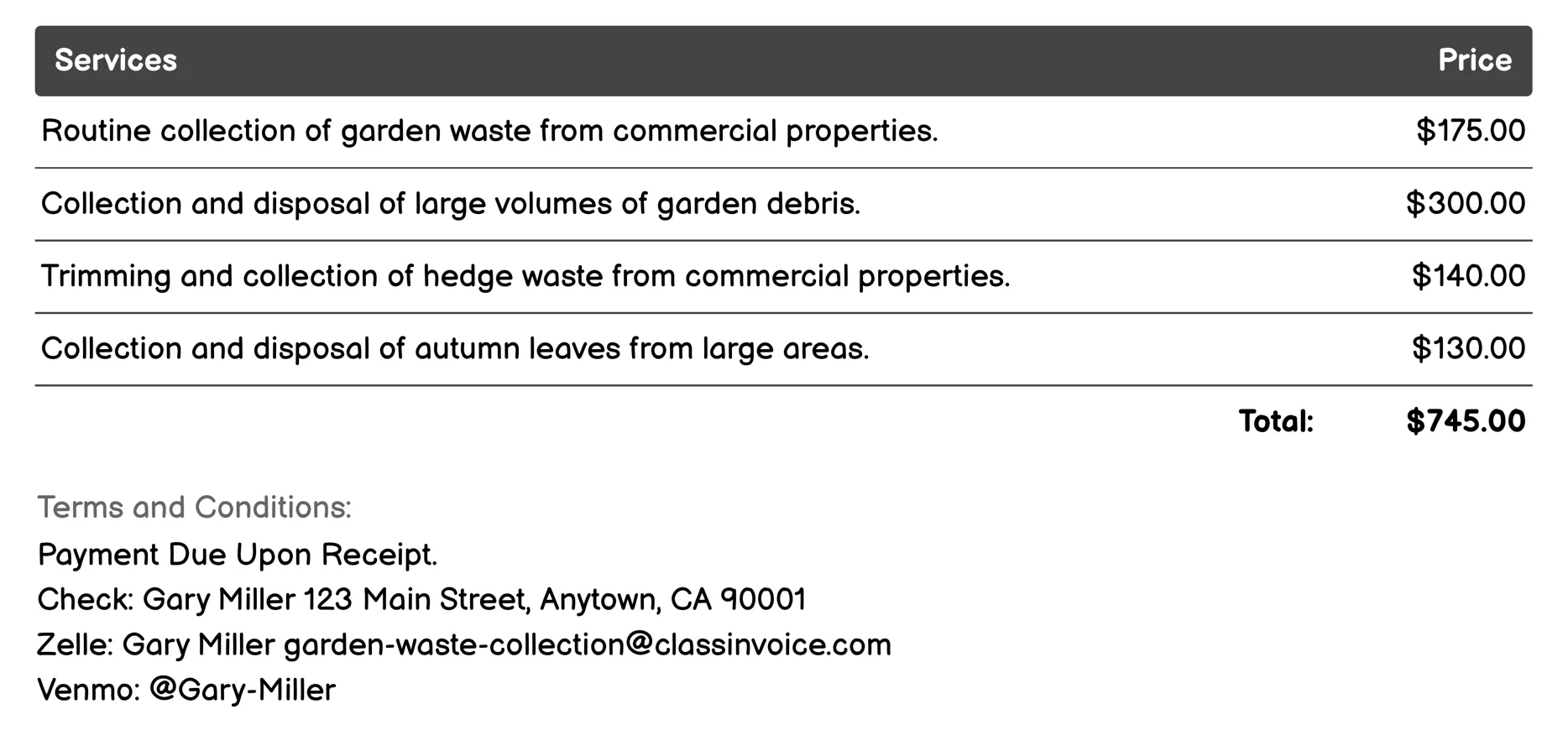 Commercial Collection Invoice Example