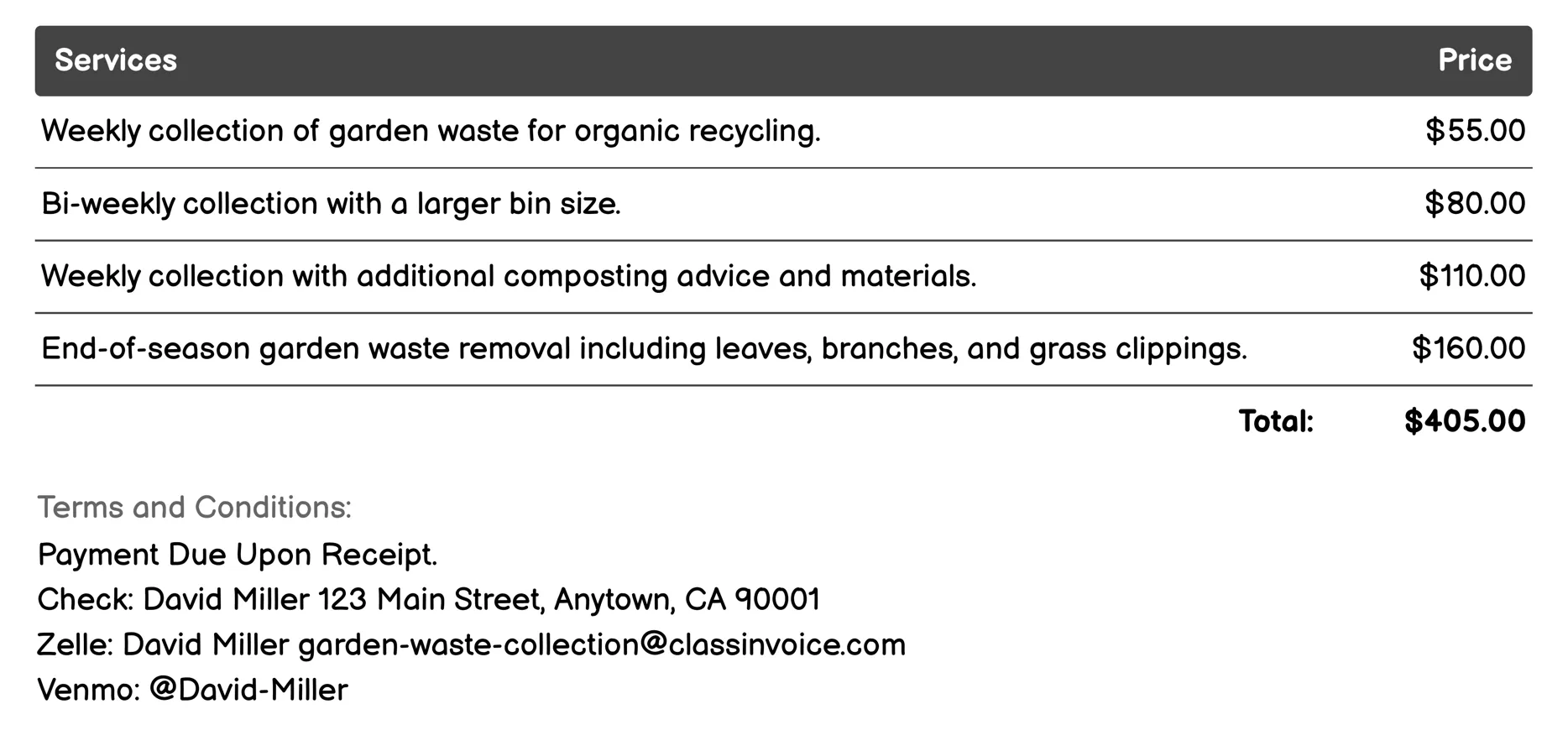 Organic Waste Recycling Invoice Example