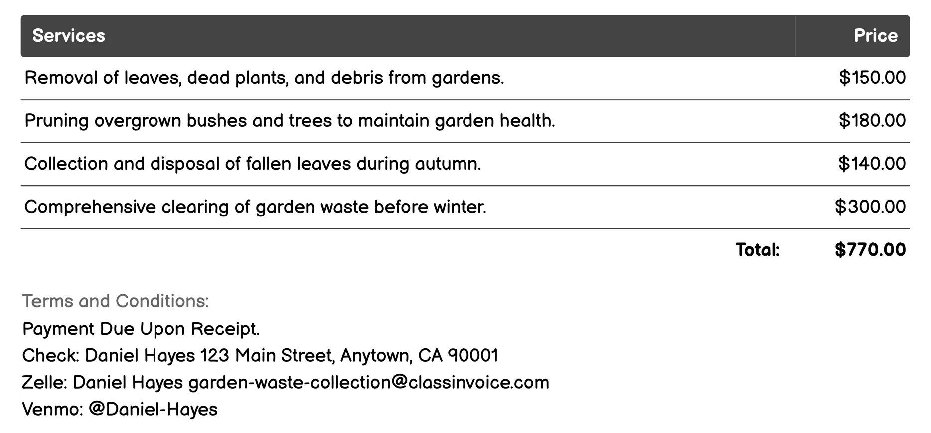 Seasonal Service Invoice Example