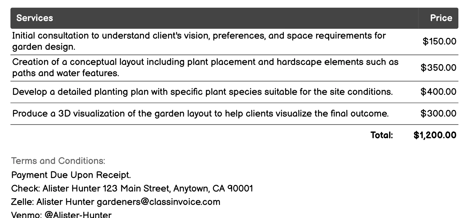 Garden Design and Layout Invoice Example