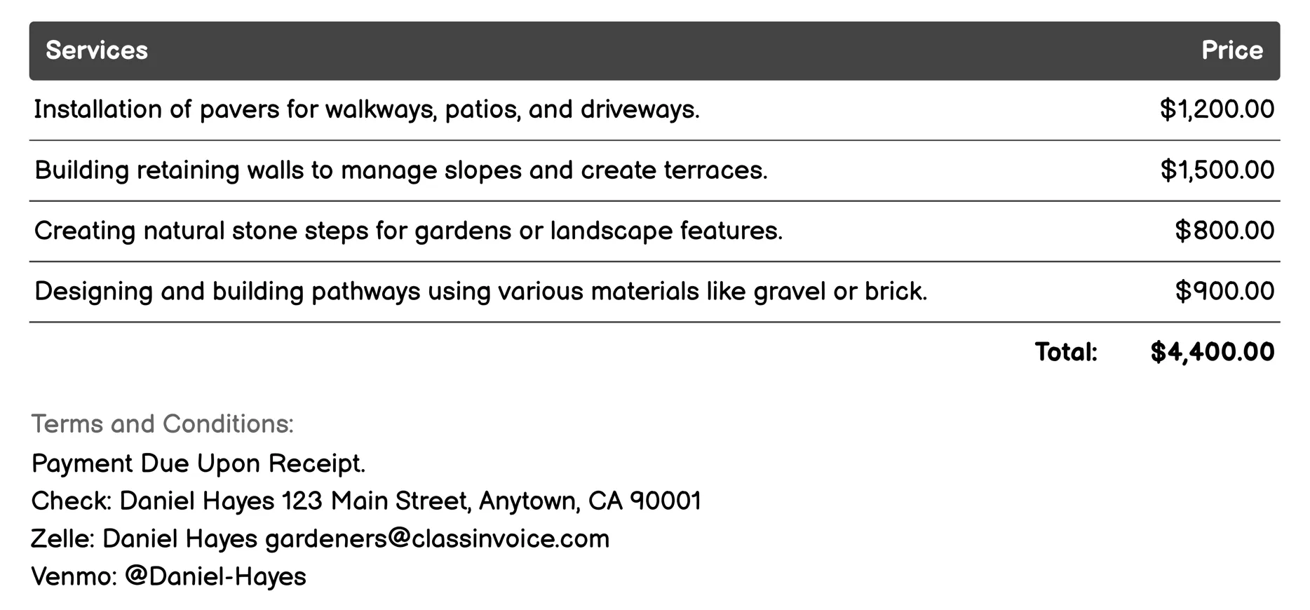 Hardscaping Services Invoice Example