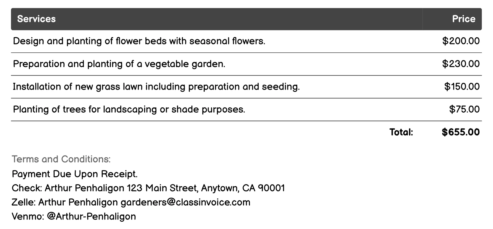 Planting Services Invoice Example