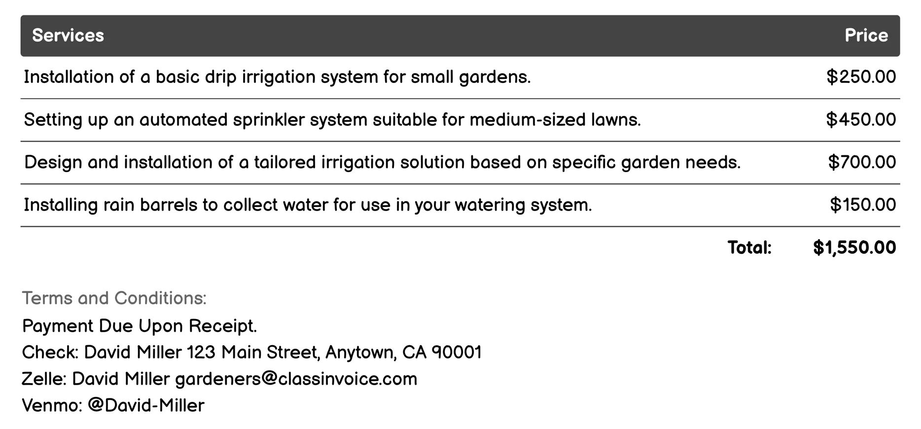 Watering Systems Installation Invoice Example