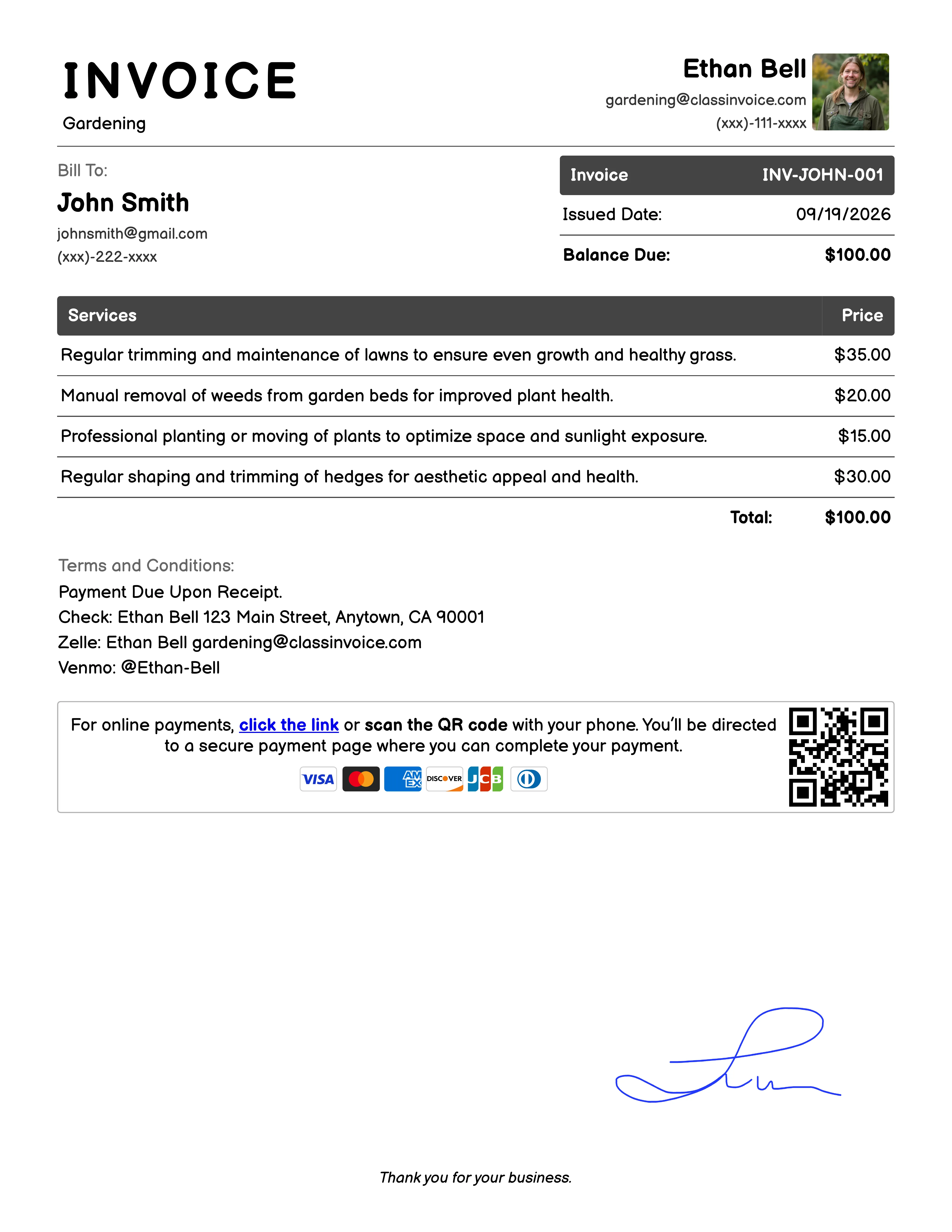 Gardening Invoice Example