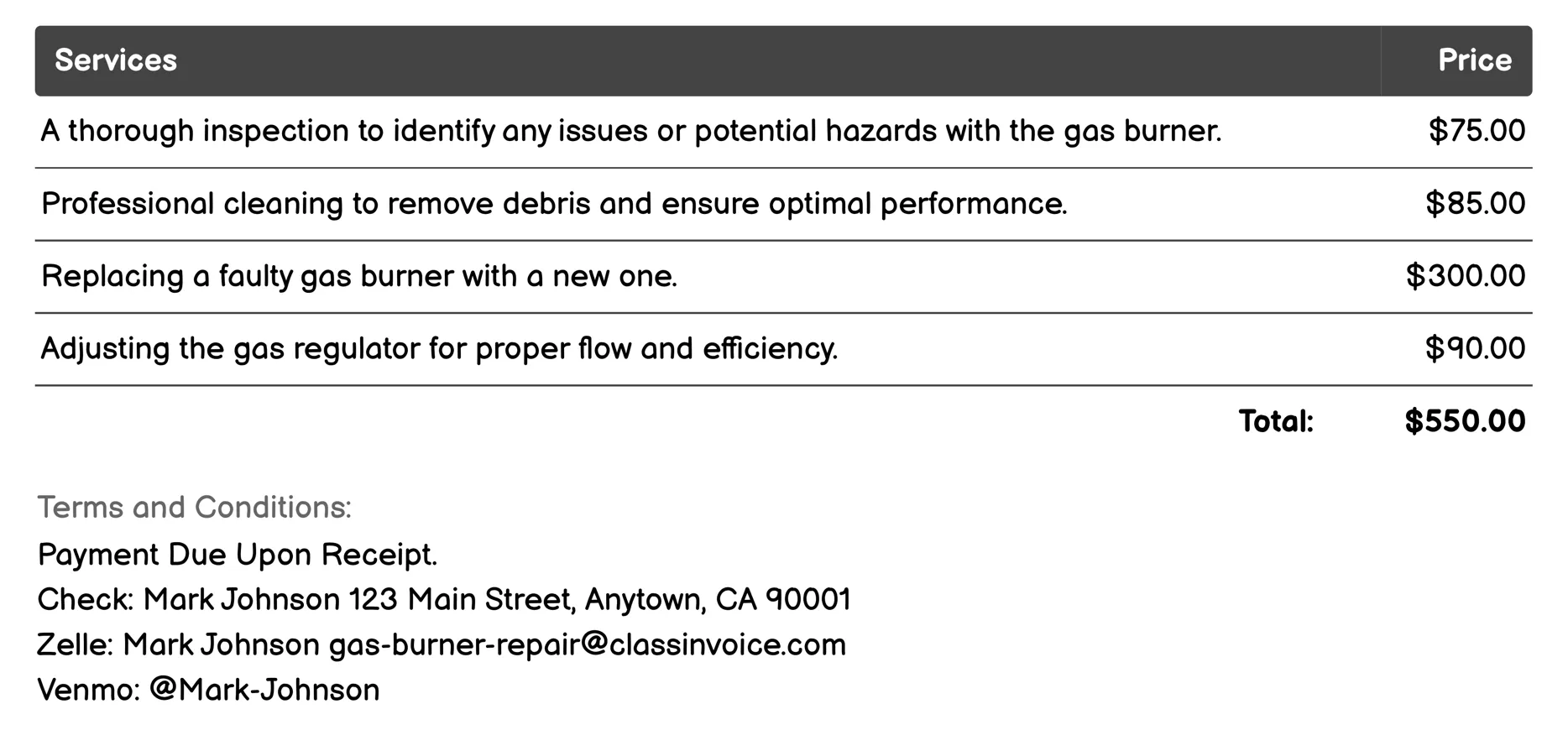 Gas Line Repair Invoice Example