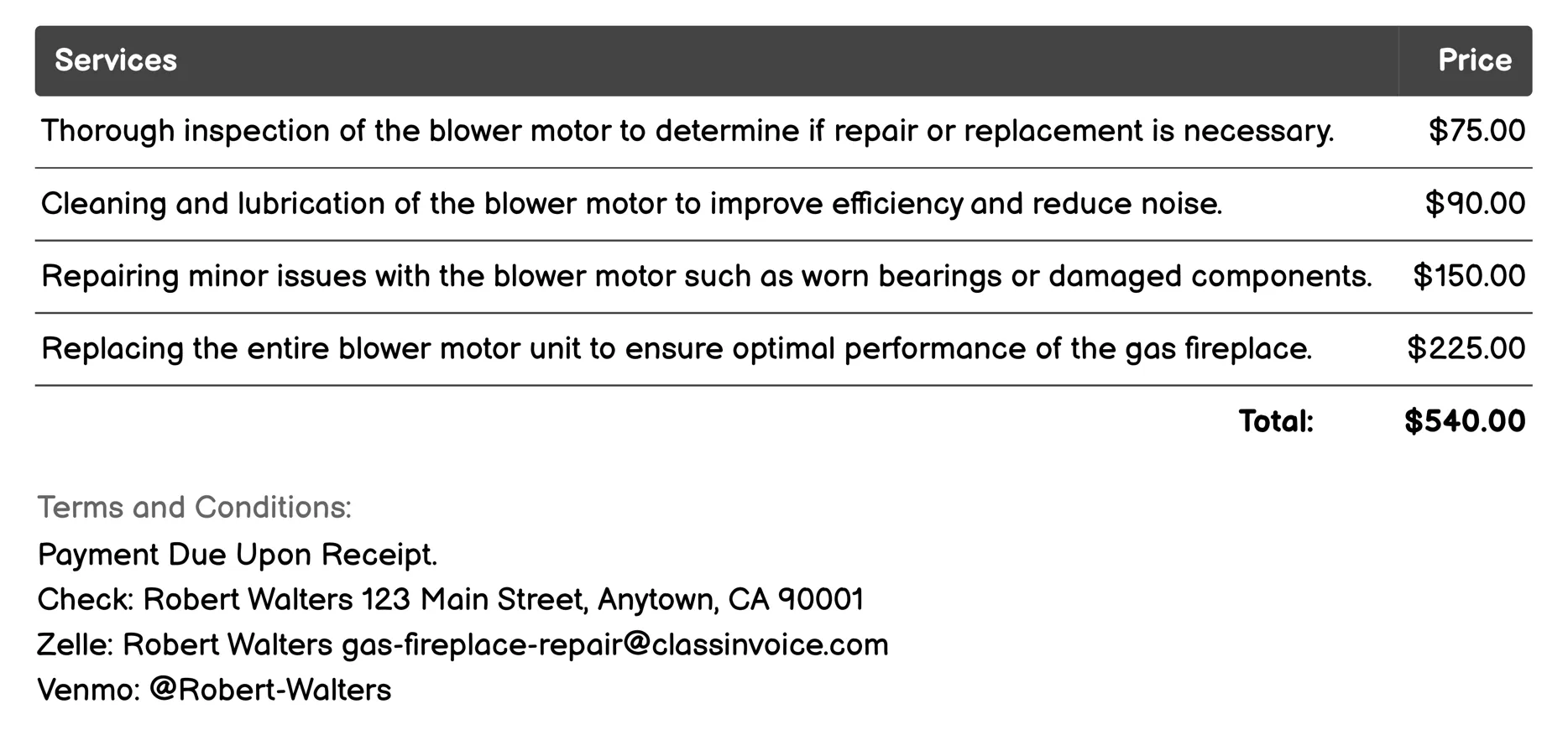 Blower Motor Repair or Replacement Invoice Example