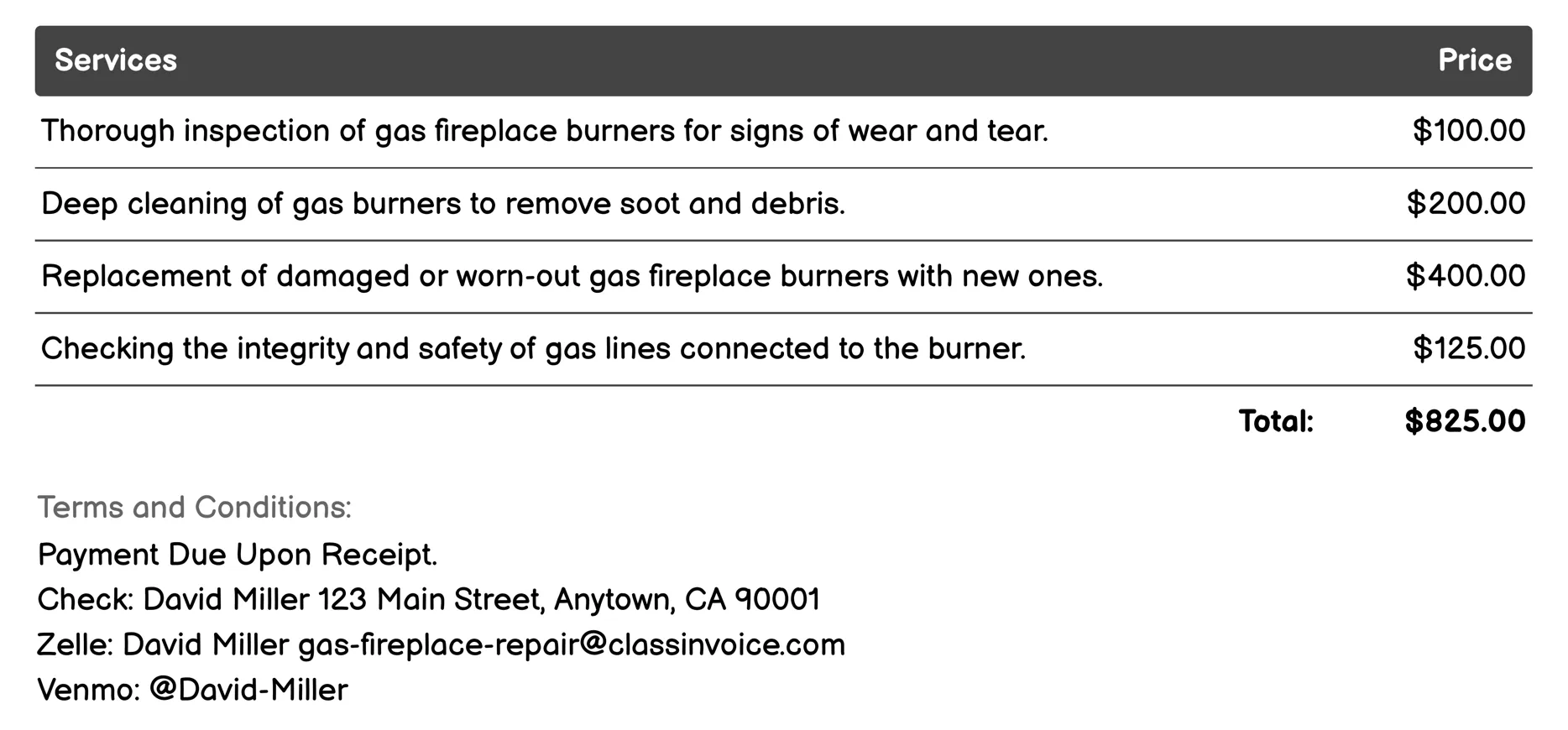 Burner Replacement or Cleaning Invoice Example