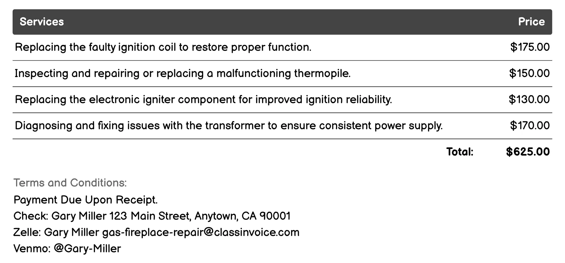 Ignition System Repair Invoice Example
