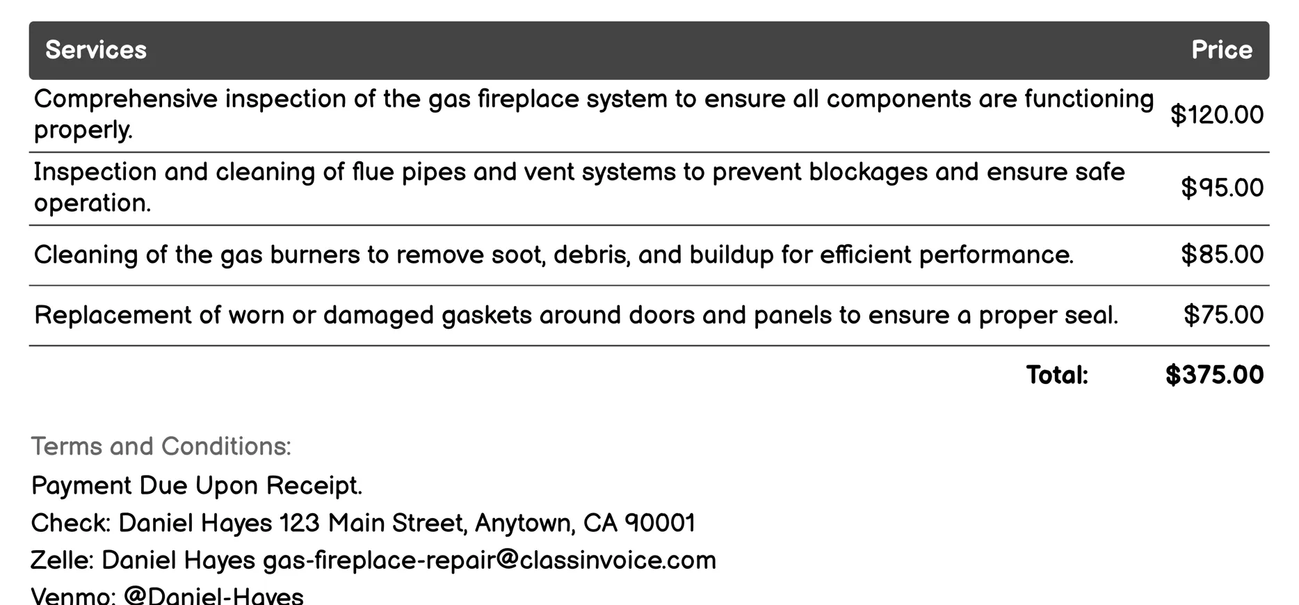 Routine Maintenance and Inspection Invoice Example