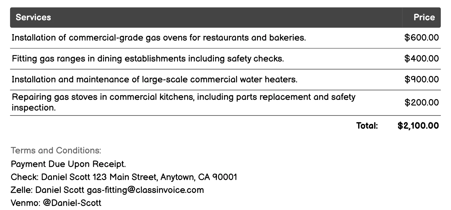 Commercial Gas Fitting Invoice Example