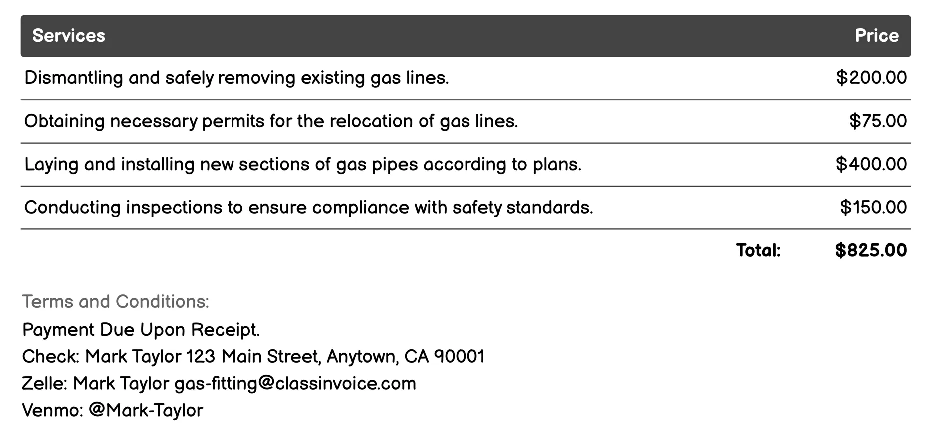 Gas Line Relocation Invoice Example