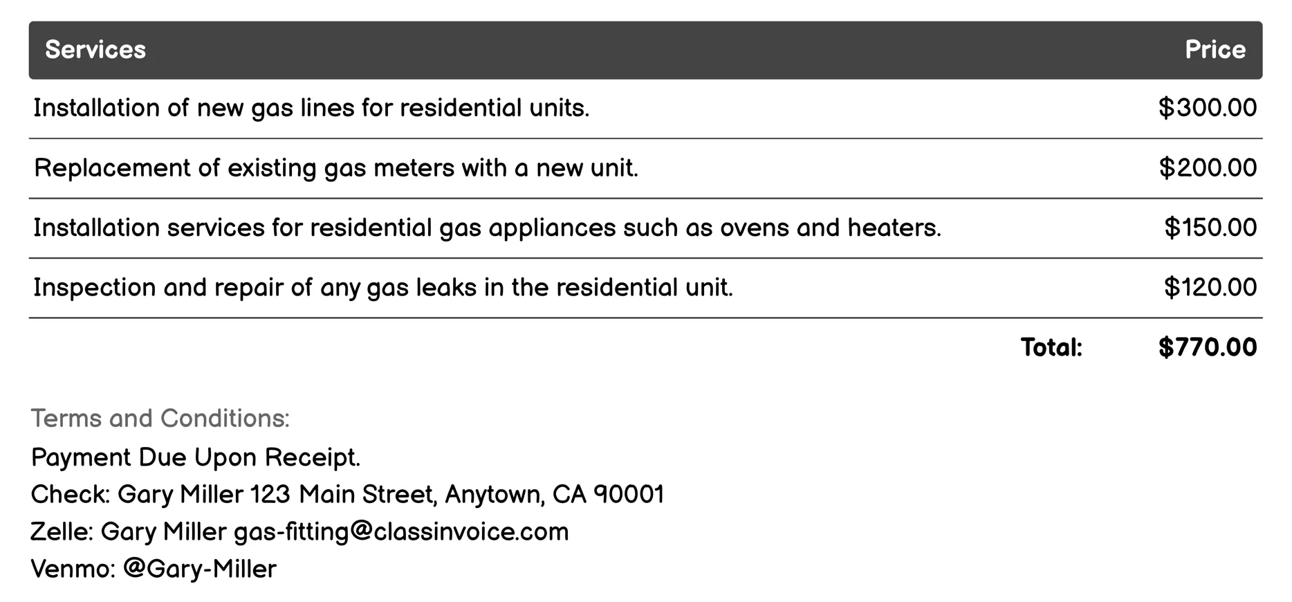 Residential Gas Installation Invoice Example