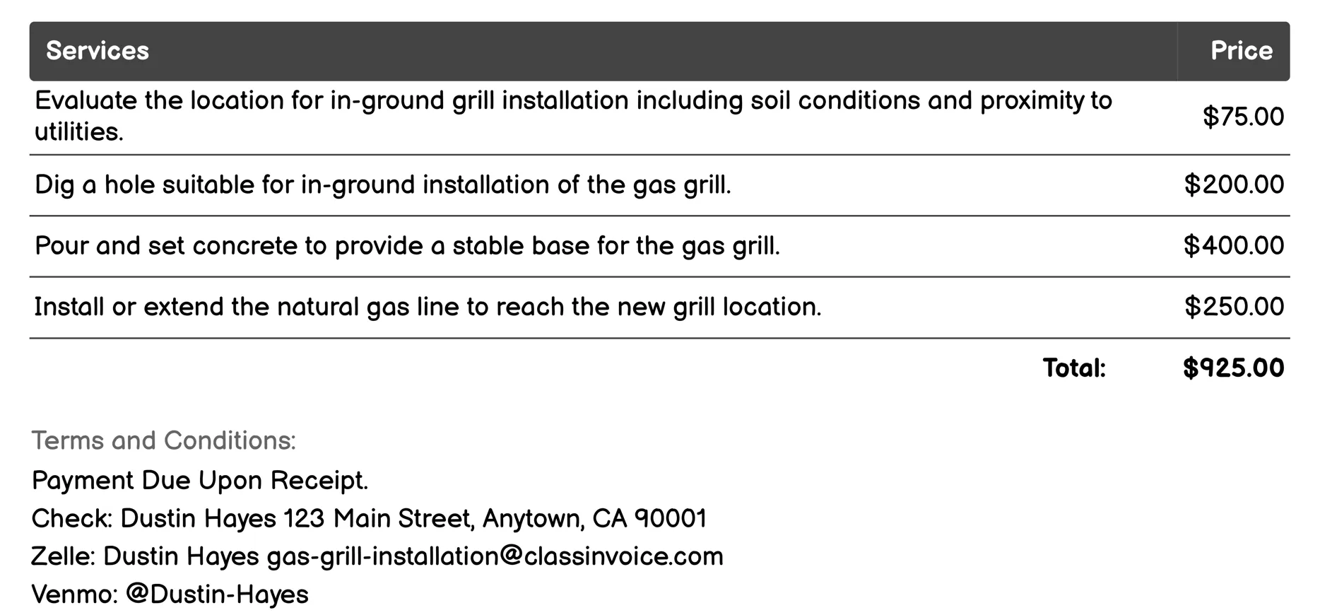 In-Ground Grill Installation Invoice Example