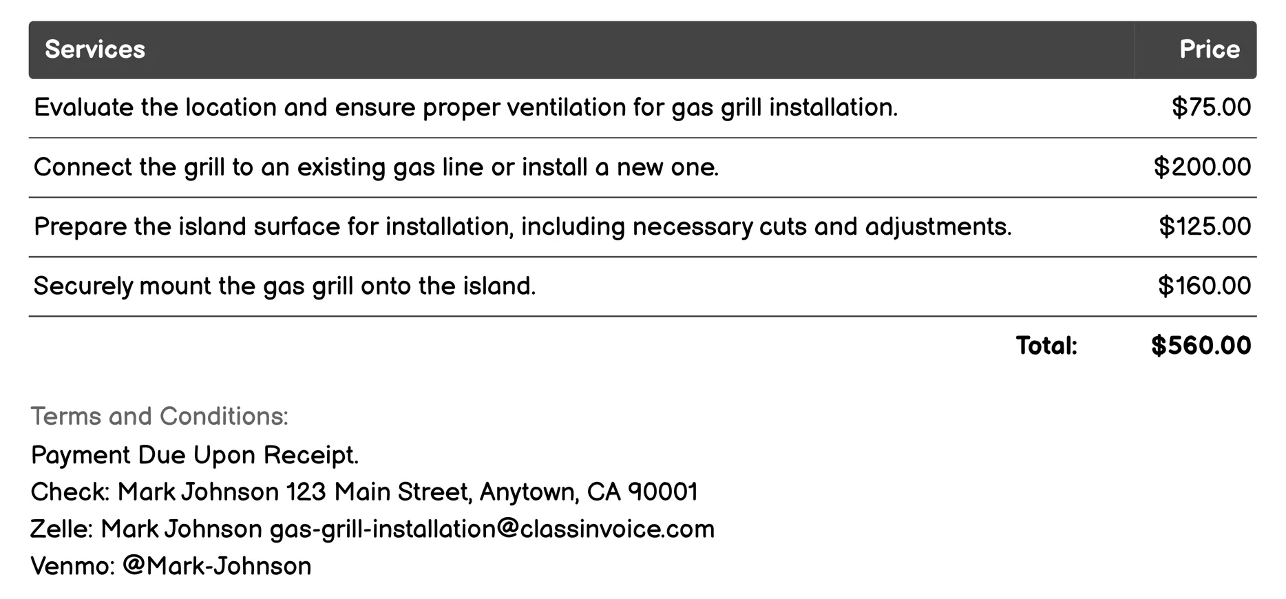 Integrated Island Installation Invoice Example