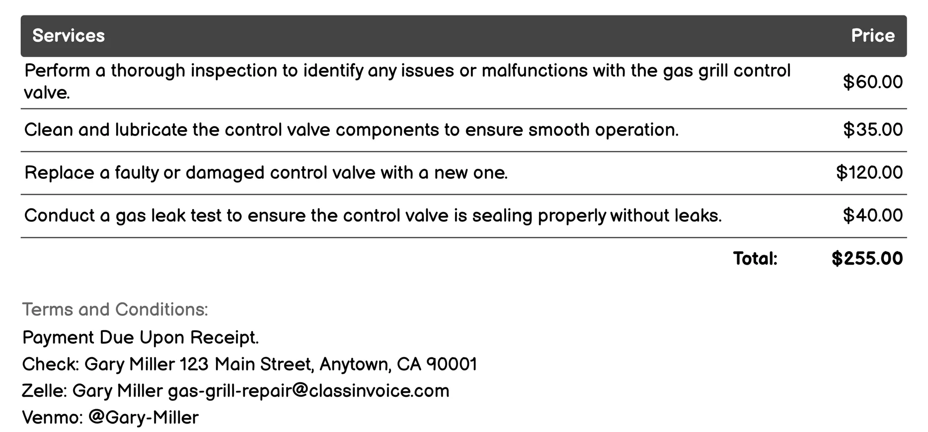 Control Valve Maintenance Invoice Example
