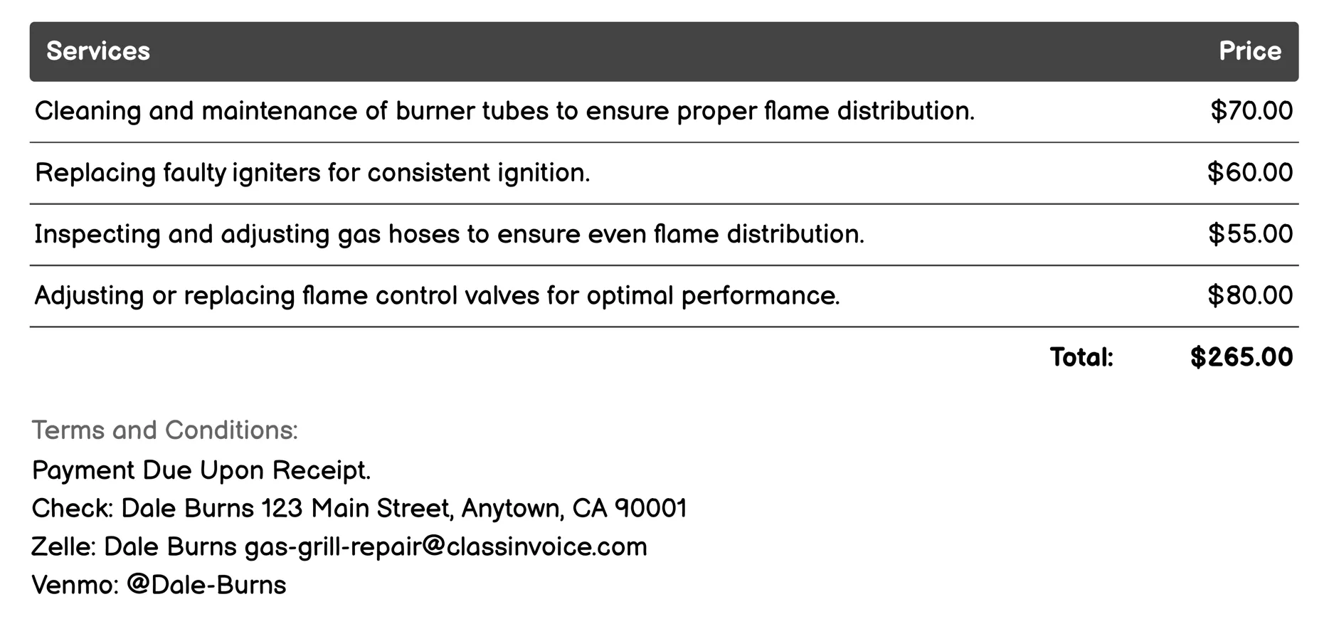 Flame Adjustment Invoice Example