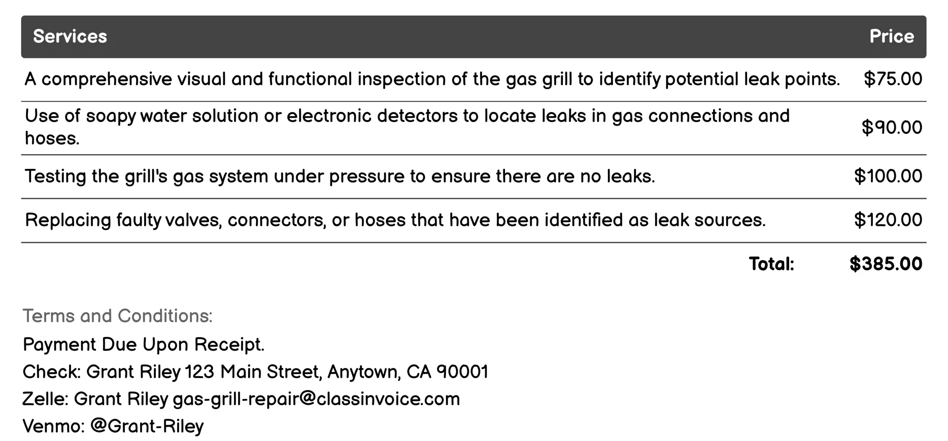 Gas Leak Detection Invoice Example