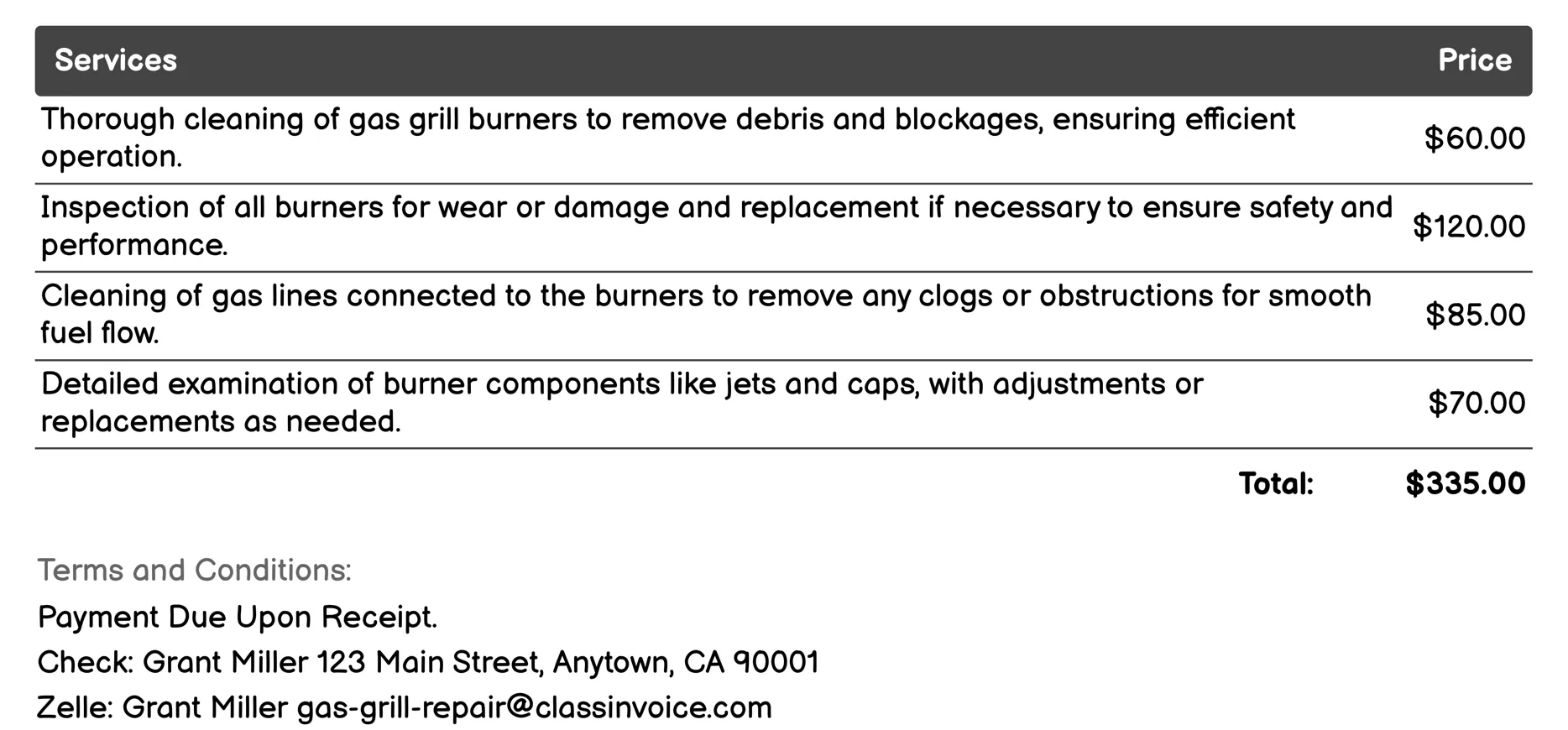 Grill Burner Cleaning Invoice Example