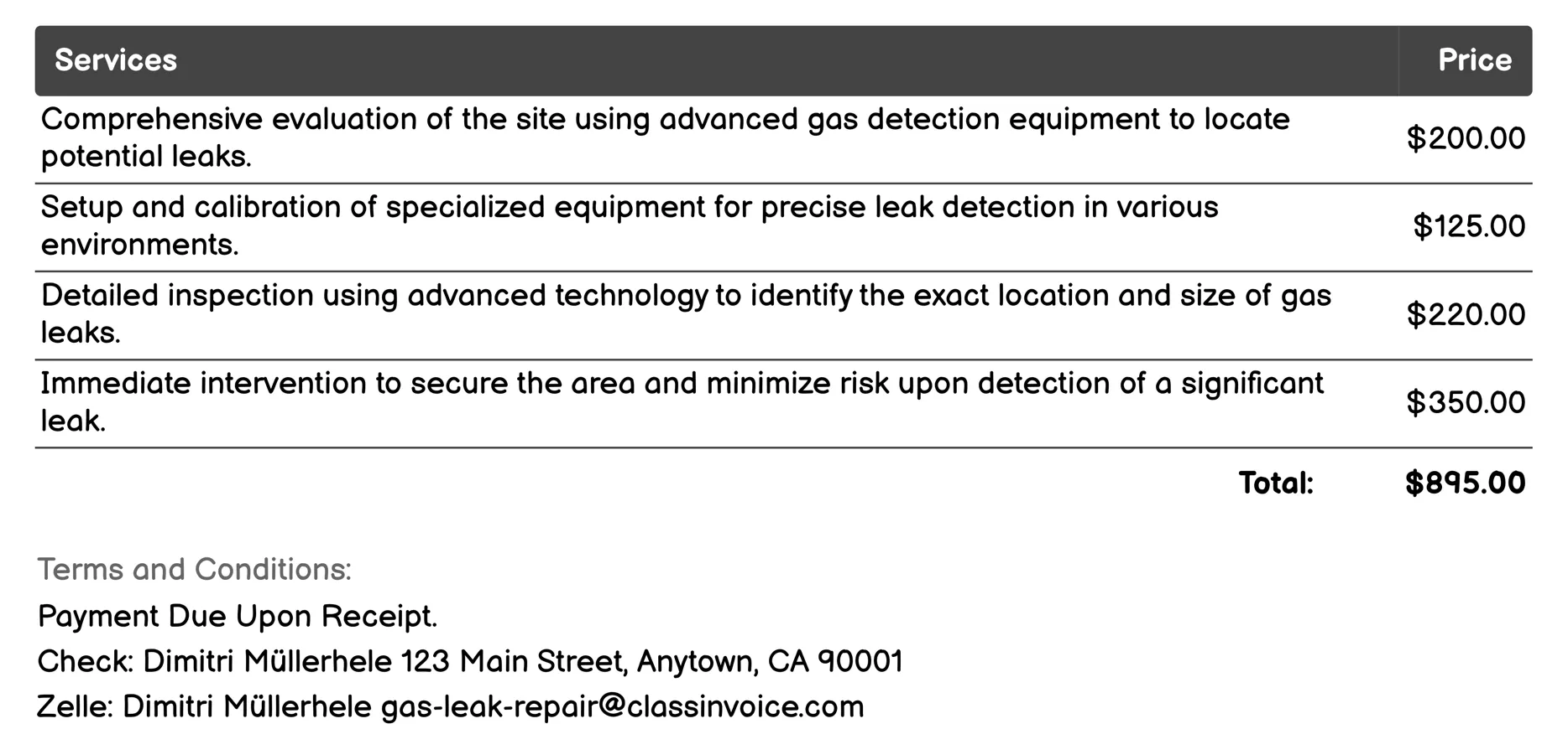 Gas Leak Detection with Advanced Equipment Invoice Example
