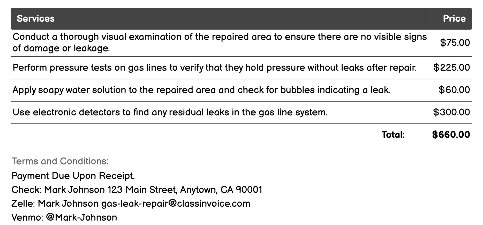 Post-Repair Testing and Verification Invoice Example