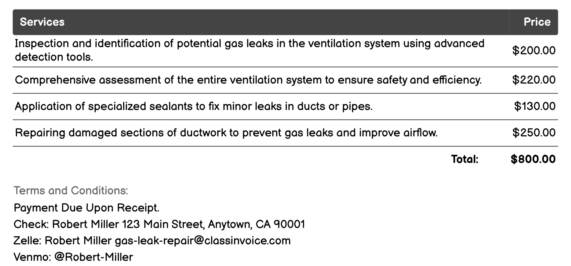 Ventilation System Maintenance Invoice Example