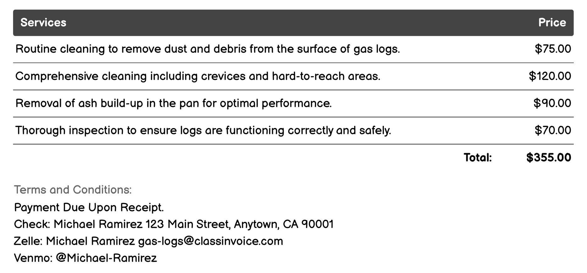 Cleaning Services Invoice Example