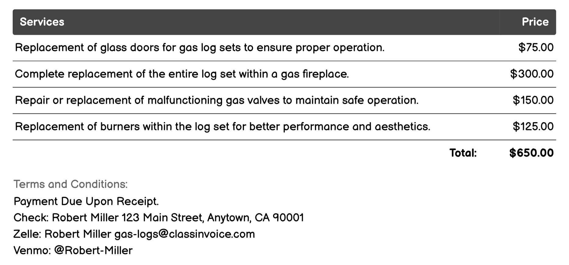 Replacement Parts Invoice Example