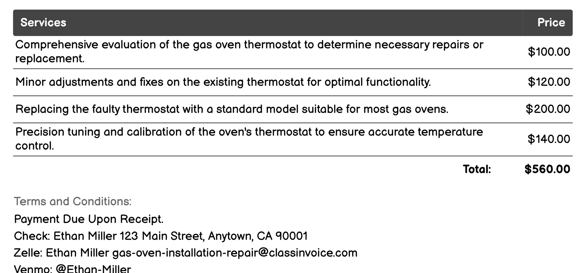 Thermostat Replacement & Repair Invoice Example