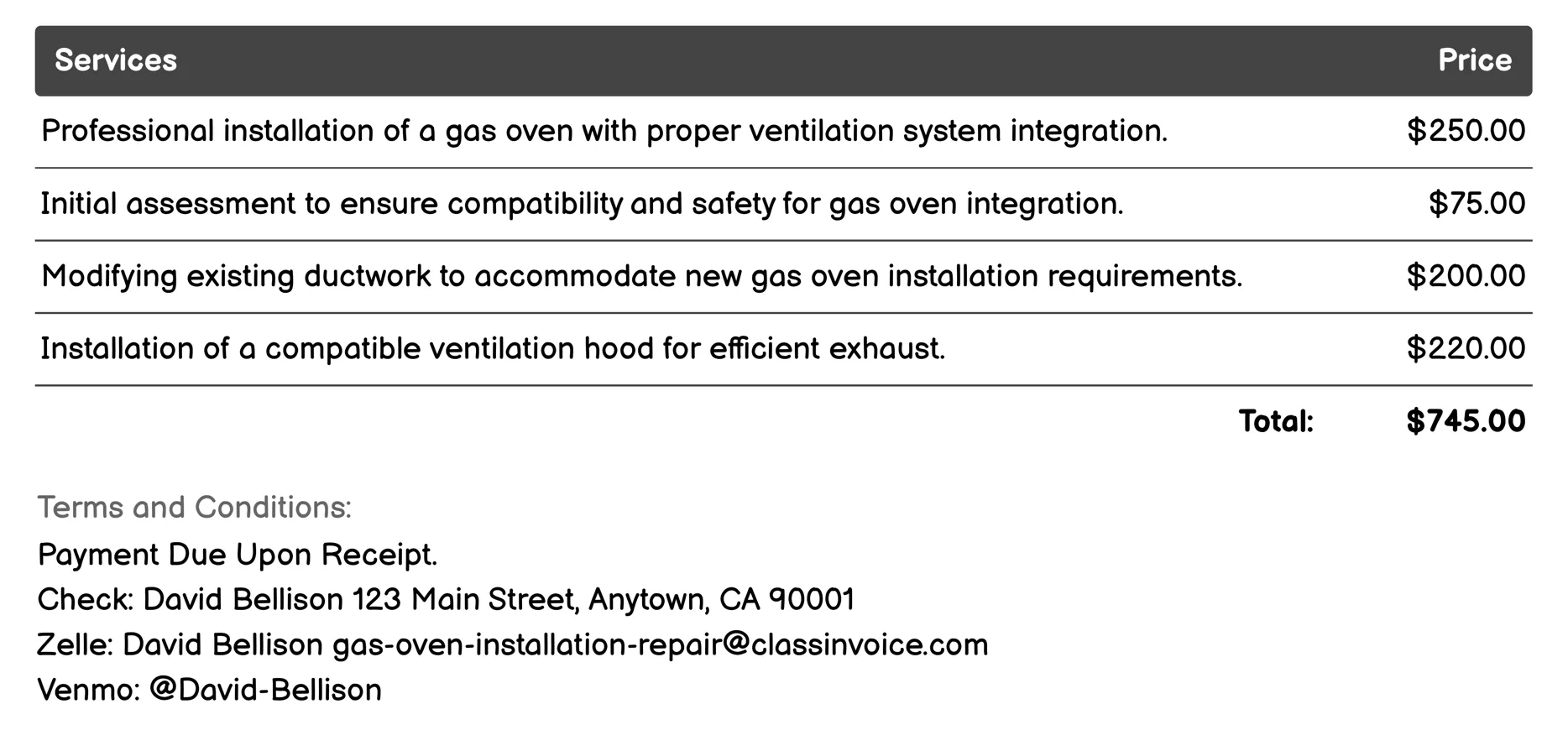 Ventilation System Integration Invoice Example