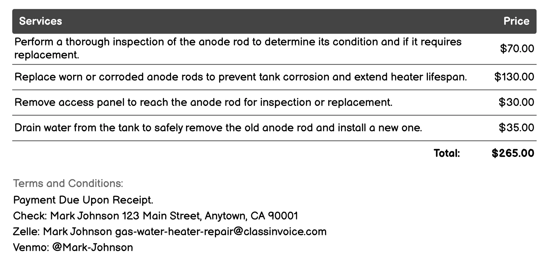 Anode Rod Inspection and Replacement Invoice Example