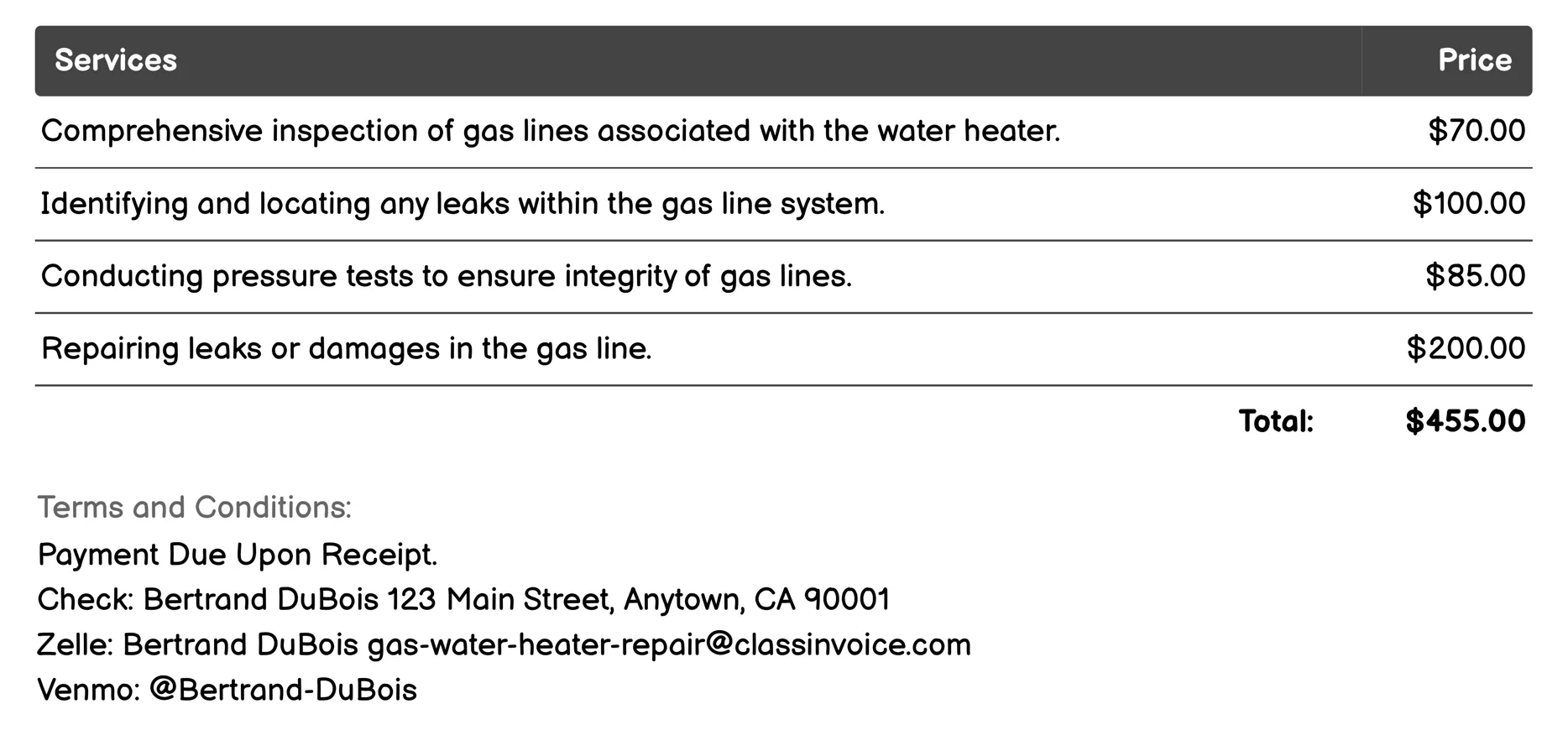 Gas Line Repair Invoice Example