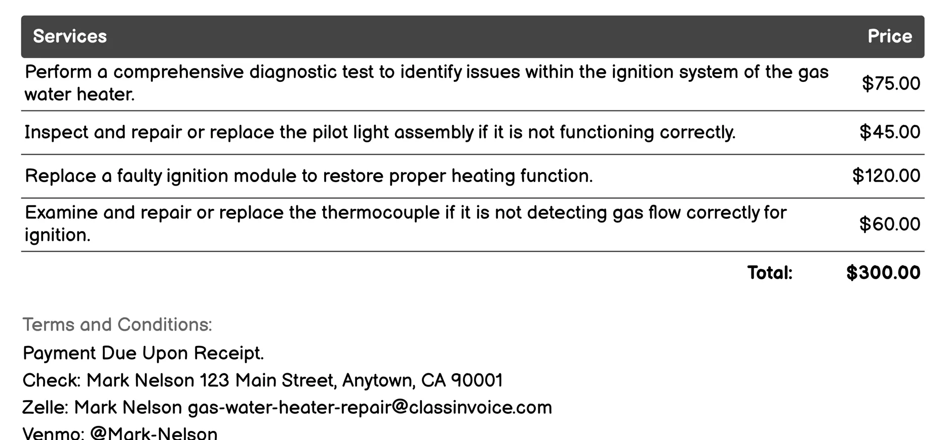 Ignition System Repair Invoice Example
