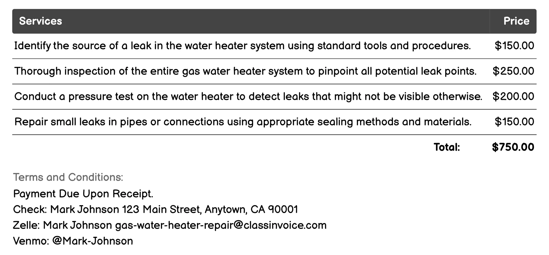 Leak Detection and Repair Invoice Example