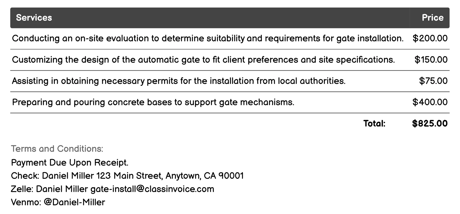 Automatic Gate Installation Invoice Example