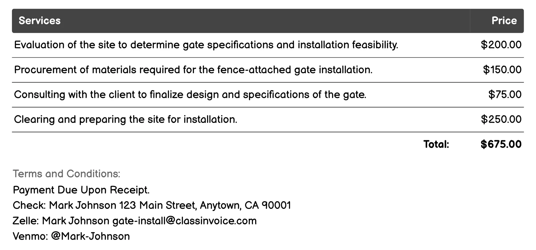 Fence-Attached Gate Installation Invoice Example