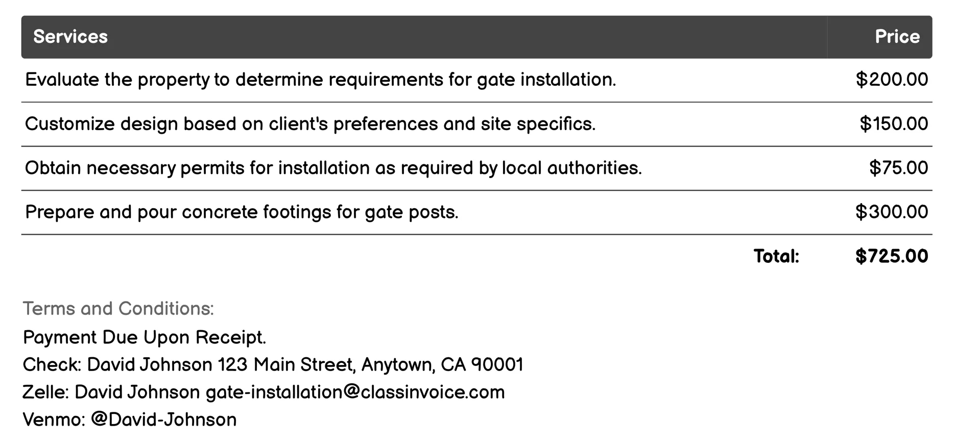 Automated Gate Installation Invoice Example