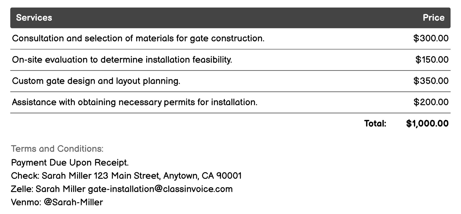Security Gate Installation Invoice Example