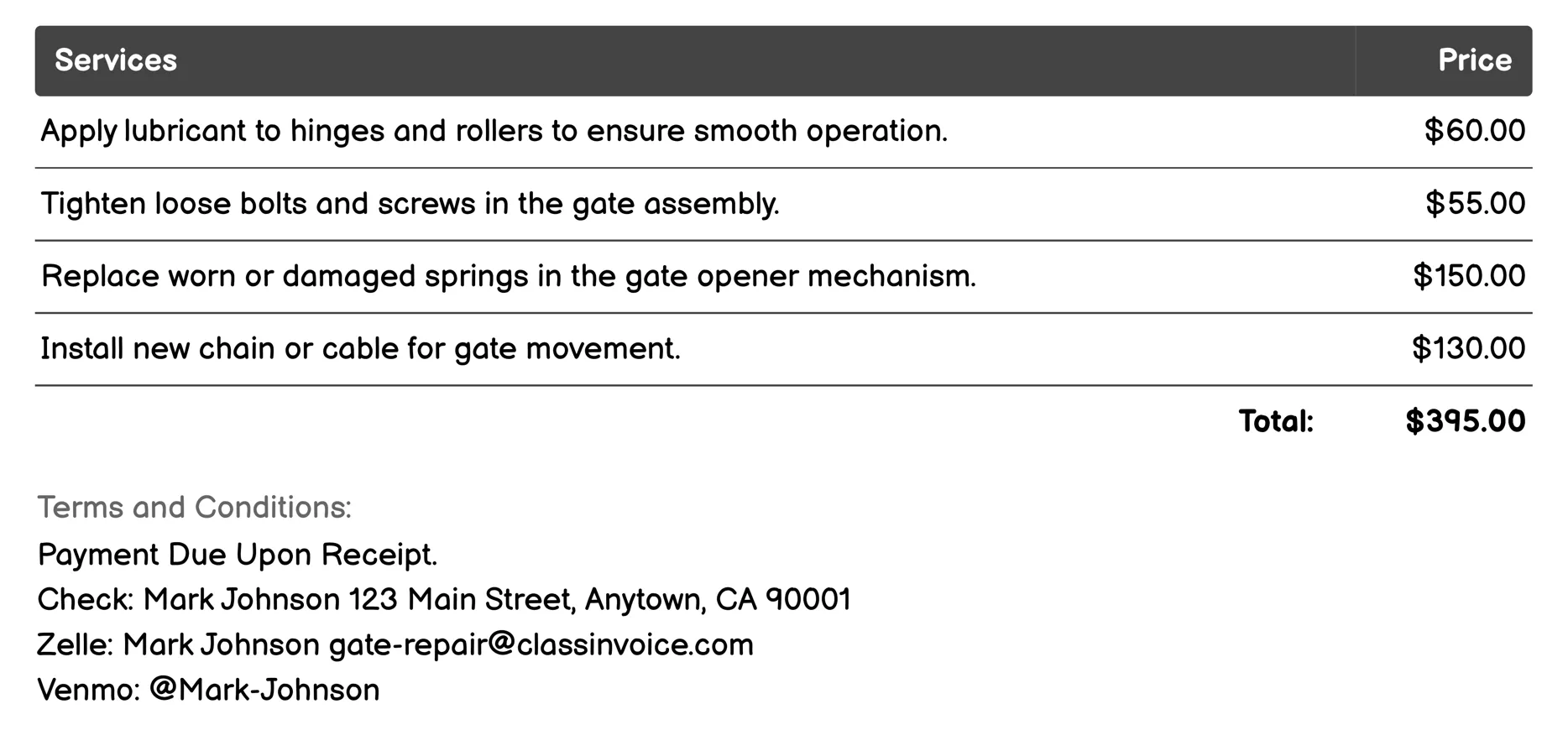 Gate Opener Repair Invoice Example