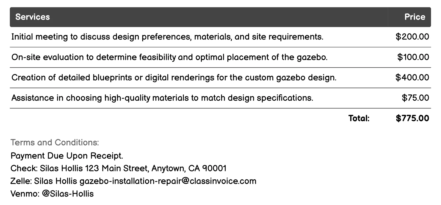 Custom Gazebo Design and Installation Invoice Example
