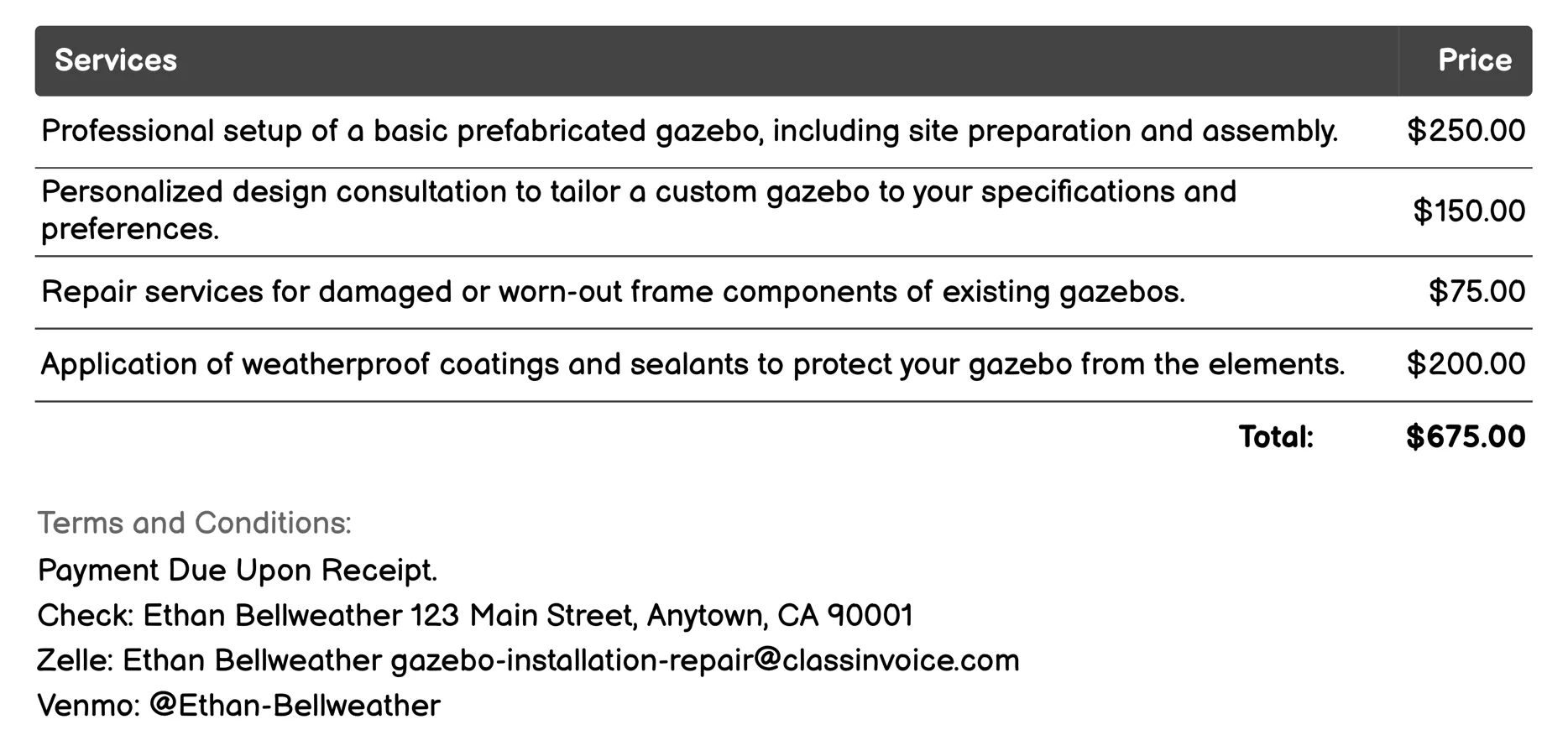 Gazebo Customization Services Invoice Example