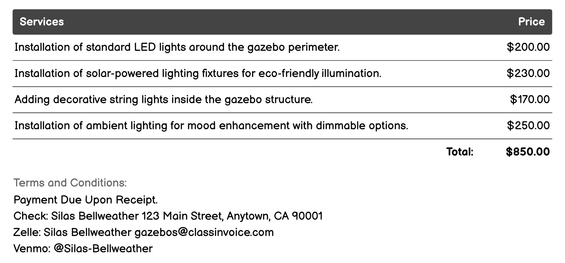 Gazebo Lighting Installation Invoice Example