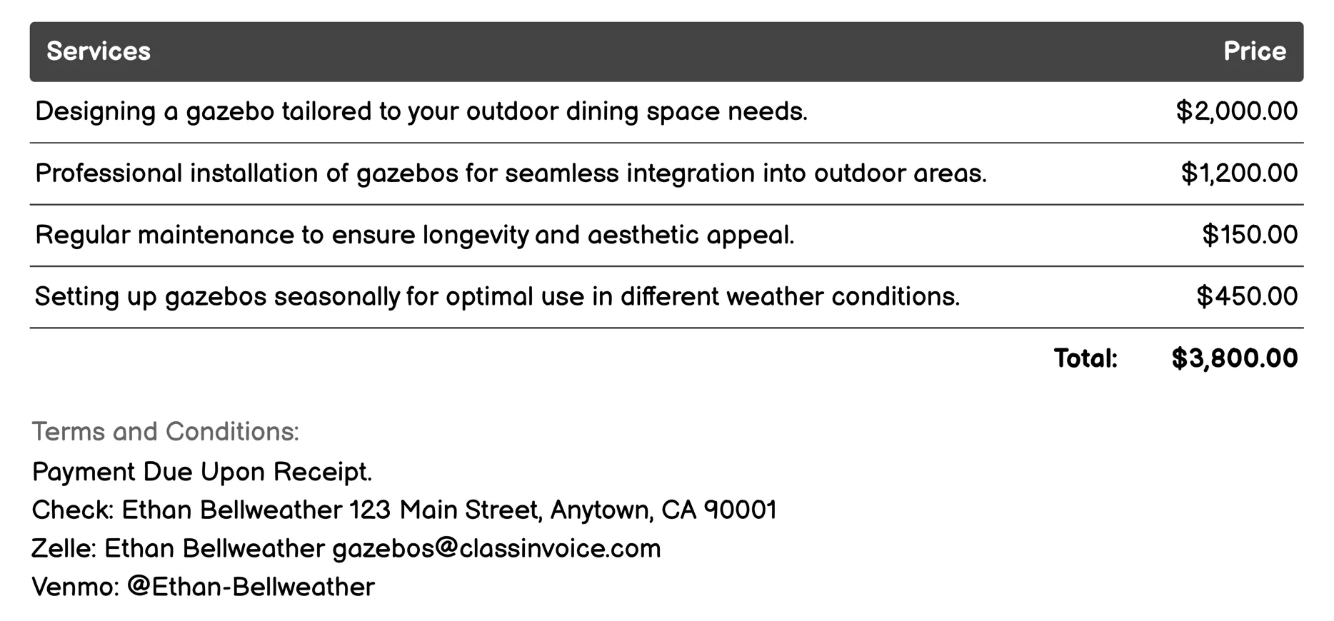 Outdoor Dining Gazebo Solutions Invoice Example