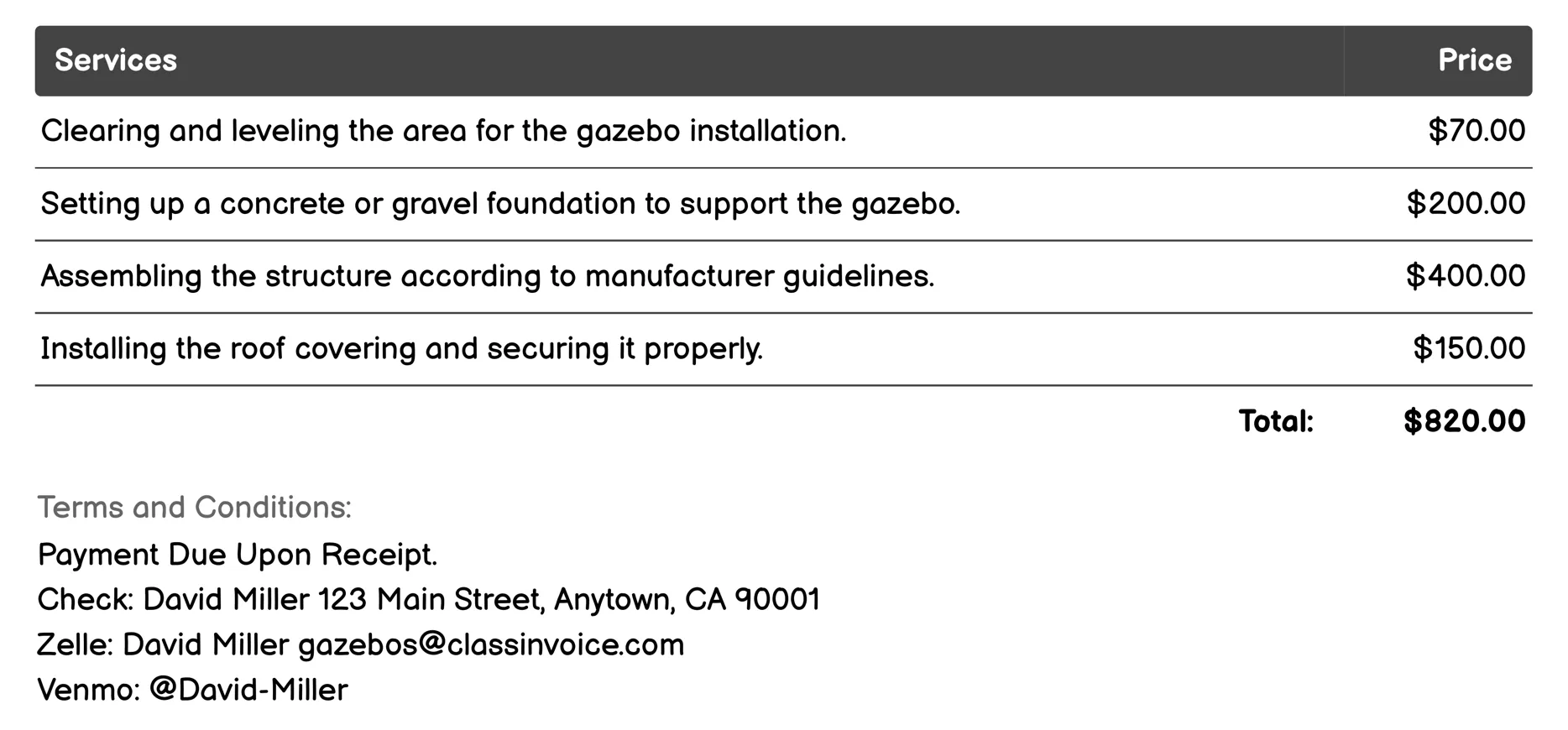 Residential Gazebo Installation Invoice Example
