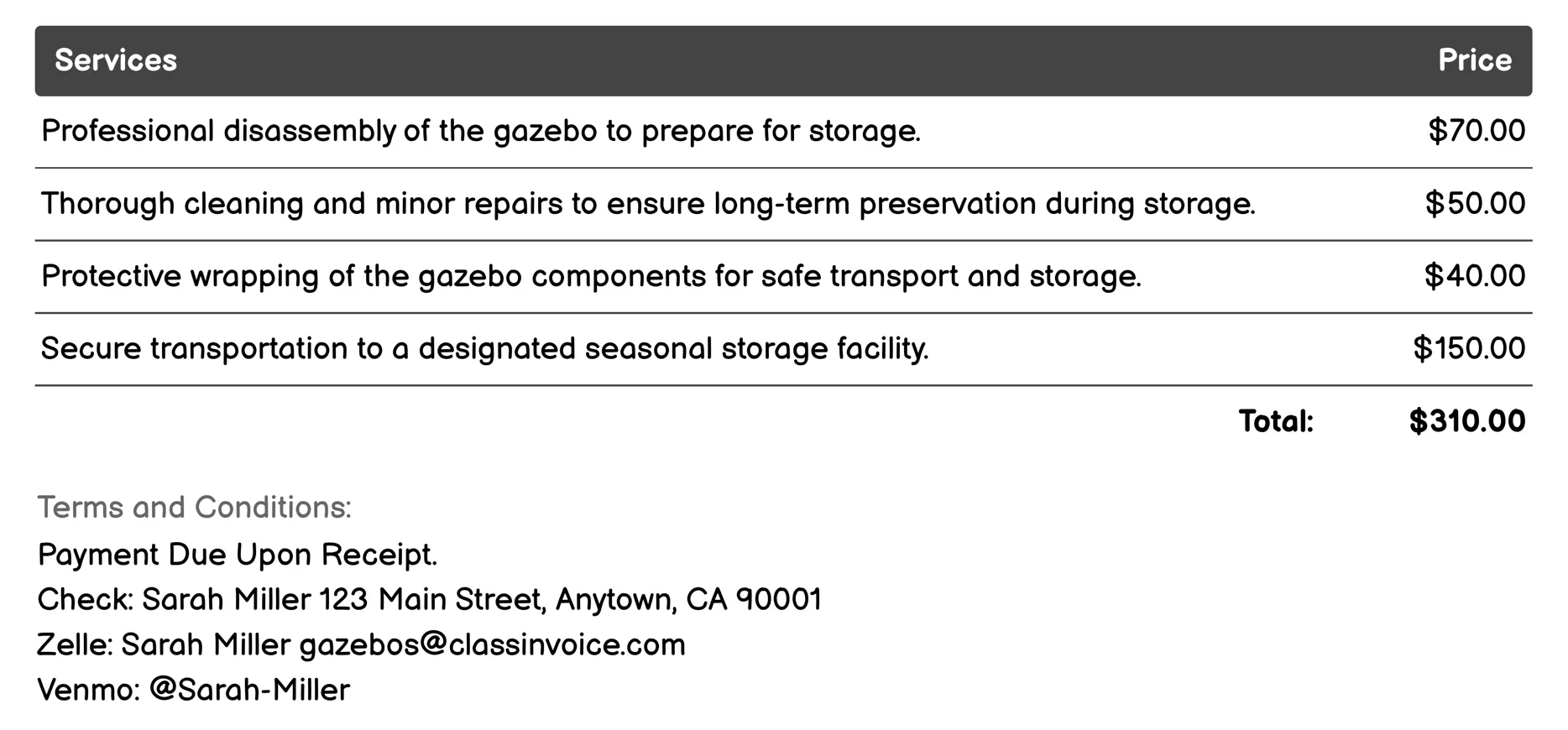 Seasonal Gazebo Storage Solutions Invoice Example